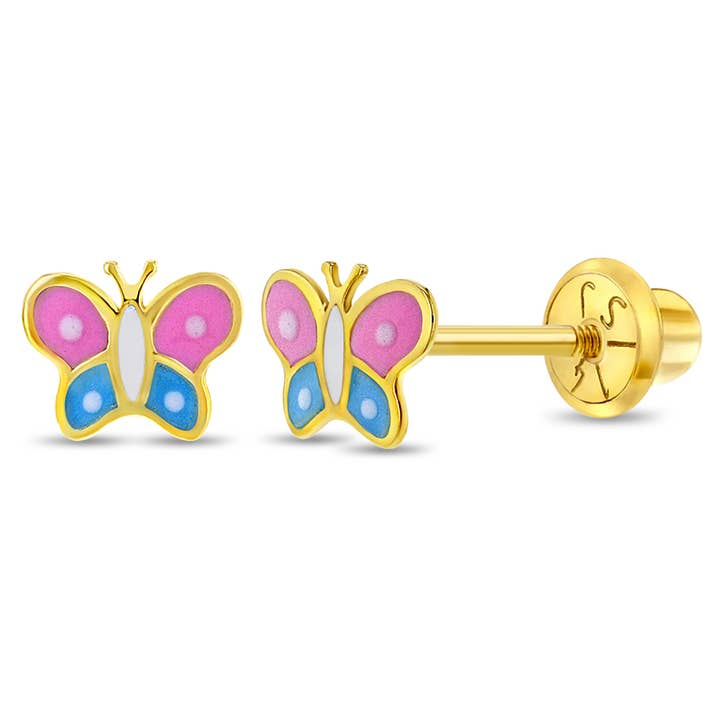 Pendientes de oro de 14 quilates con forma de mariposa colorida para bebés/niños/niños para venta al por mayor de In Season Jewelry