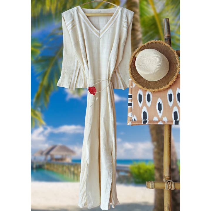 Vestido Caftán Tejido a Mano con Rayas Blancas para venta al por mayor de MIASETA