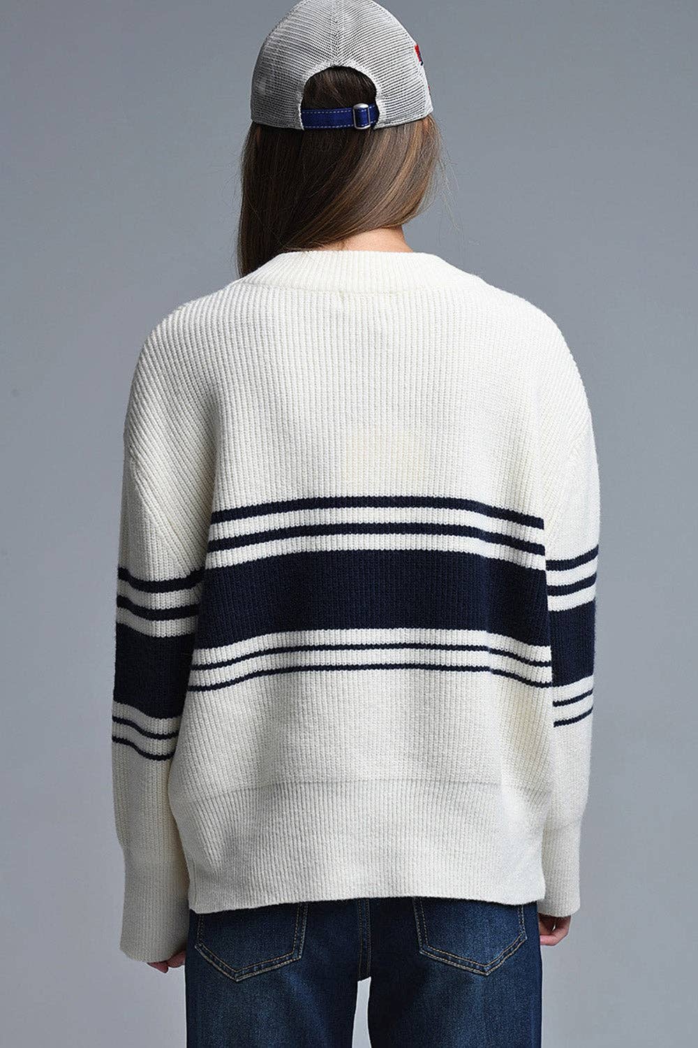 Ribbed Cream Sweater With Navy Chest Stripes for wholesale on Faire6