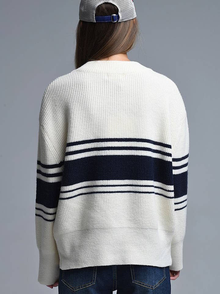 Ribbed Cream Sweater With Navy Chest Stripes for wholesale on Faire6