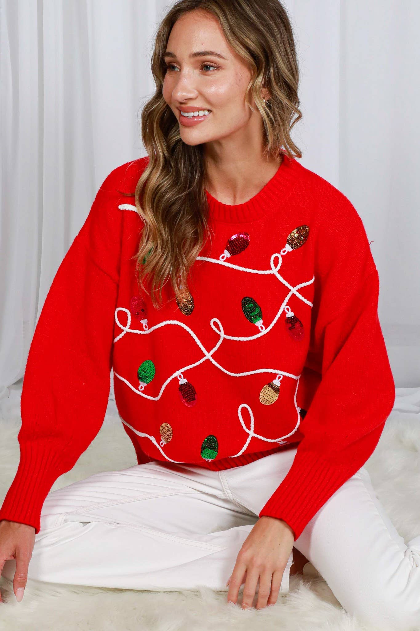 Vine & Love - Wholesale Knit Sweater - Women's - Colorful Christmas-Light Embellishment Cozy Sweater VT8225916
