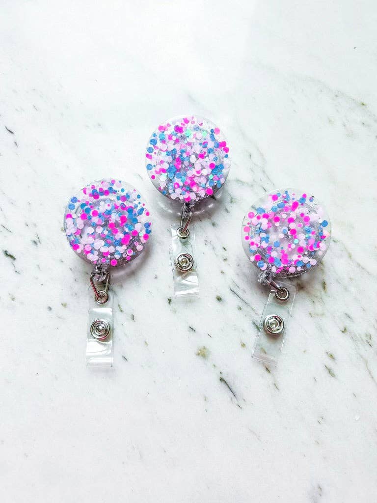 Lanyard Lovebirds - Vendita all'ingrosso Accessorio per badge - Donna - Bobina porta badge glitterata: coriandoli viola/blu