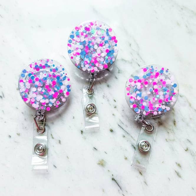 Lanyard Lovebirds - Vendita all'ingrosso Accessorio per badge - Donna - Bobina porta badge glitterata: coriandoli viola/blu0