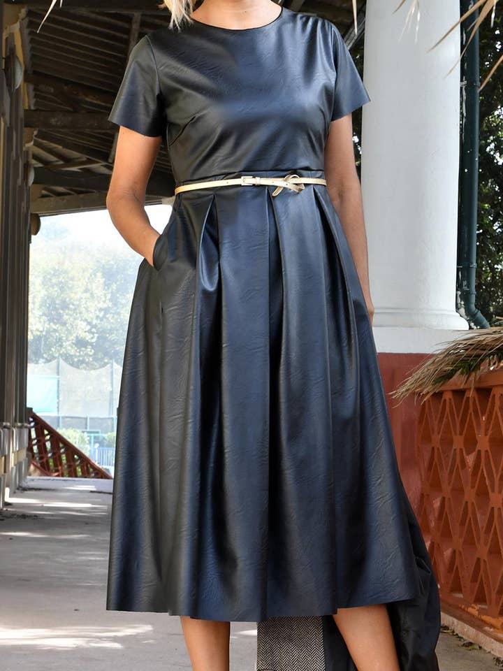 Short-Sleeve Flared Dress in Black Faux Leather for wholesale by Top Fashion