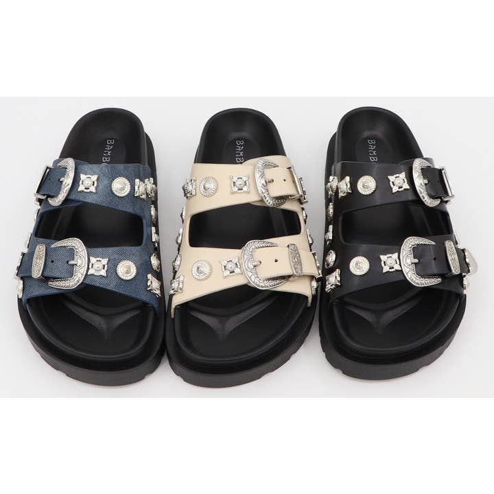 Mars Sky Shoes Wholesale - Wholesale Sandals - Women's - Bamboo Women Metal Studded Double Buckle Strap Slide Sandals