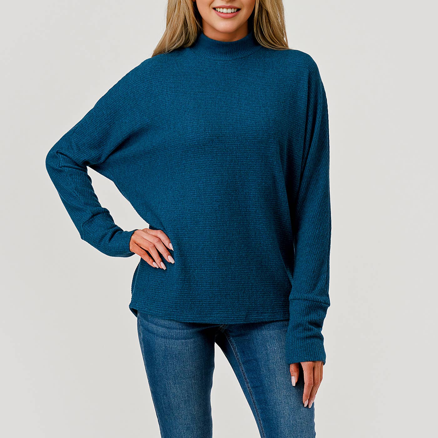 Heimious - Wholesale Knit Top - Women's - Mock Neck Long Dolman Sleeve Ribbed Knit Top, T26124