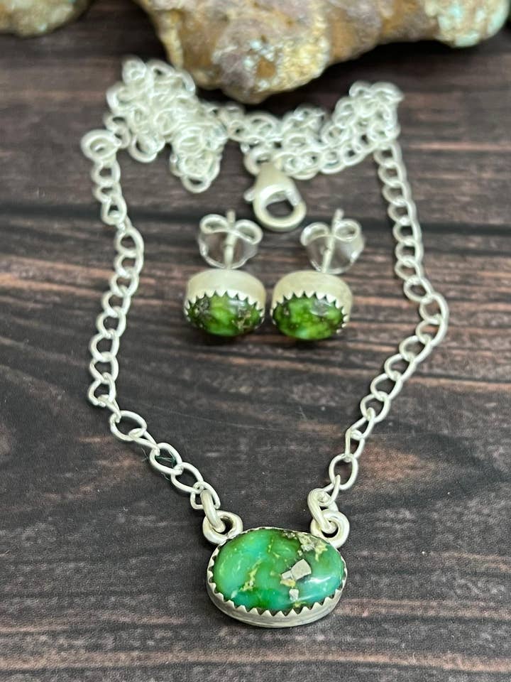 Handmade Sterling Silver Sonoran Mountain Turquoise Necklace Earrings Set with Signed Nizhoni for wholesale by Nizhonitradersllc