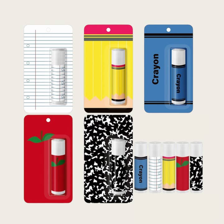 Teacher theme lip balms for wholesale by Ella Blue