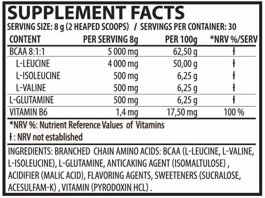 BMXX Sports Nutrition - Wholesale Protein/Superfood Powder - BCAA's PLUS 8:1:1 – with Glutamine and Vitamin B6 - 240g3