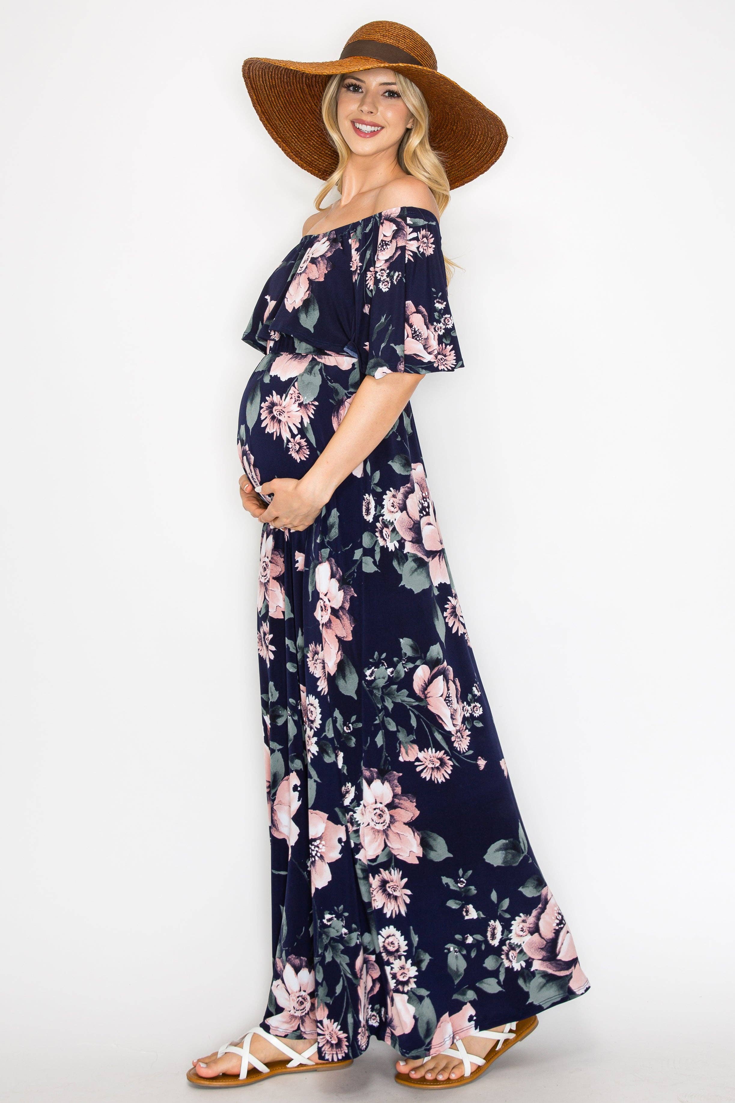 Navy Mauve Maureen Floral Off Shoulder Maxi Dress for wholesale on Faire2