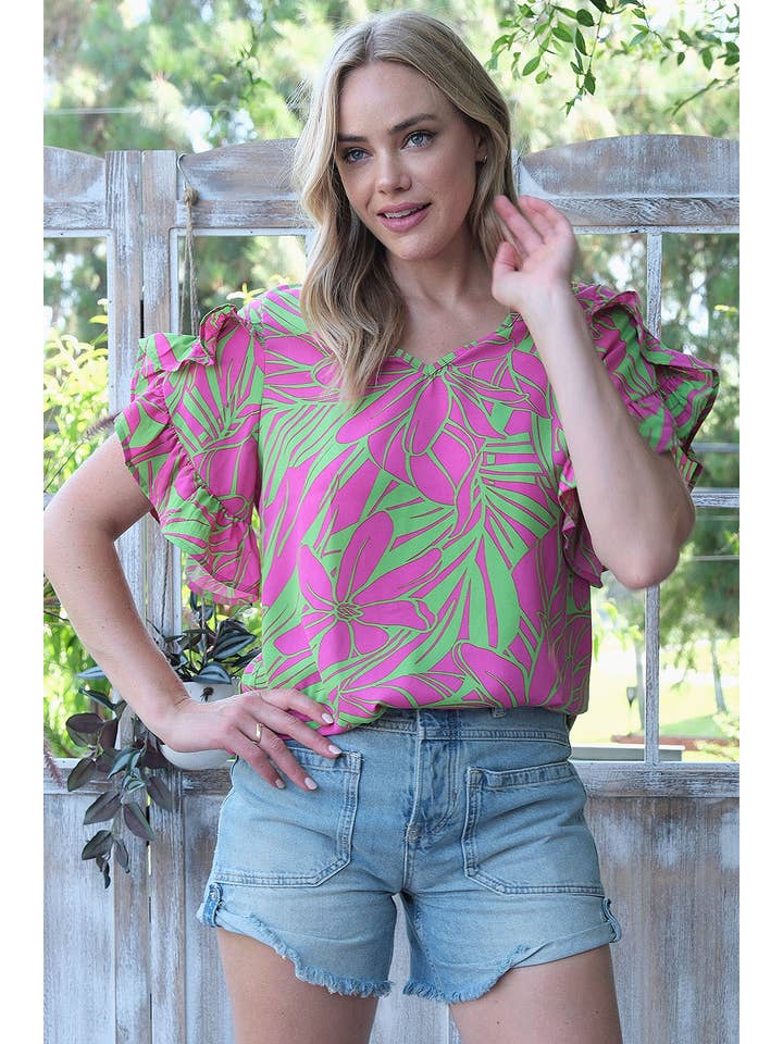 FUCHSIA GREEN ST2407-E - PRINTED WOVEN RUFFLED TULIP SLEEVE V NECK TOP for wholesale on Faire1