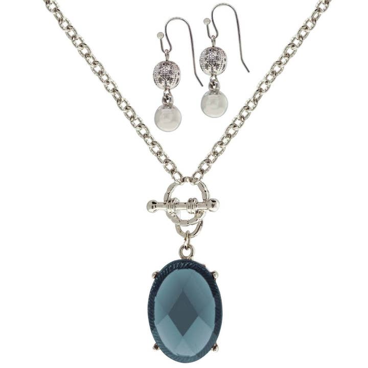1928 Jewelry Blue Oceanic Crystal Toggle Necklace & Classic Pearl and Filigree Earring Set for wholesale by 1928 Jewelry