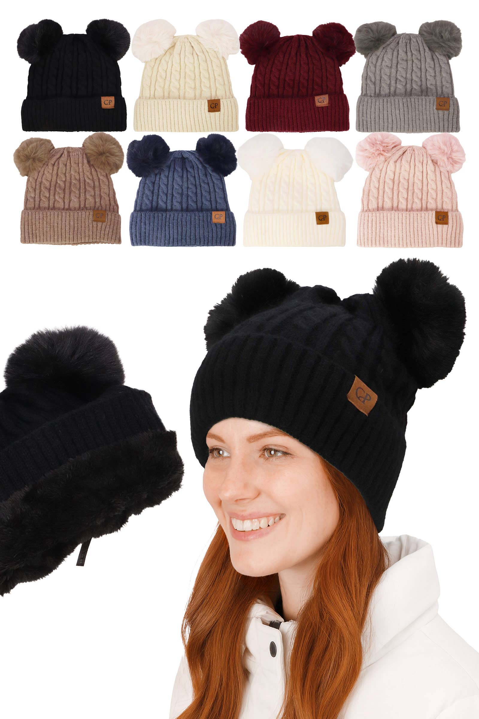 ASSORTI Zachte Neutrale Kabelgebreide Dubbele Pompon Muts voor groothandel op Faire0
