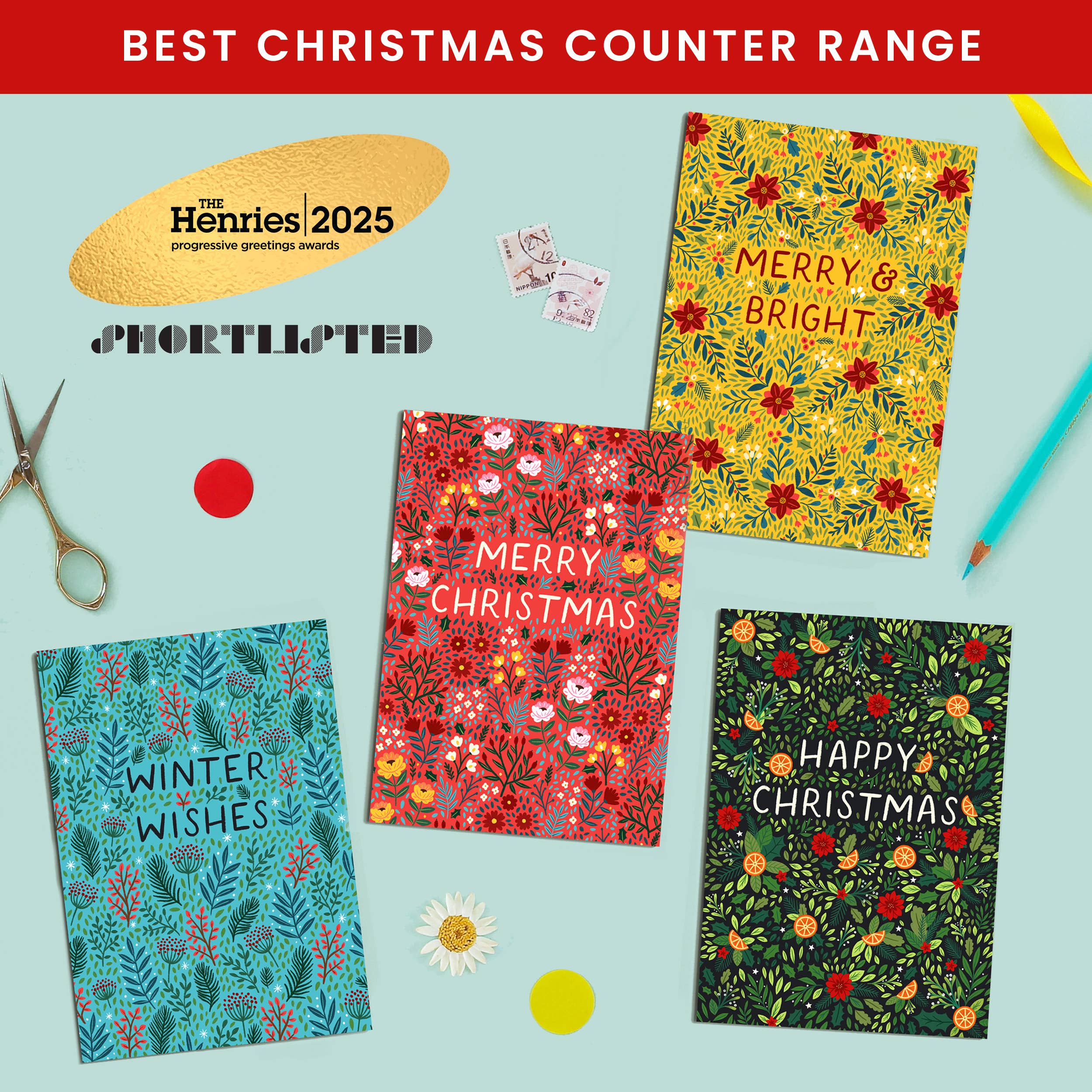 Pear Tree Press - Wholesale Christmas Card - General Merry & Bright Christmas Card - Bestseller (6 Cards)5