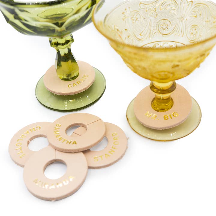 Gold Foil Leather Wine Glass Markers, Set of 6, "SATC" for wholesale by Glad & Young Studio