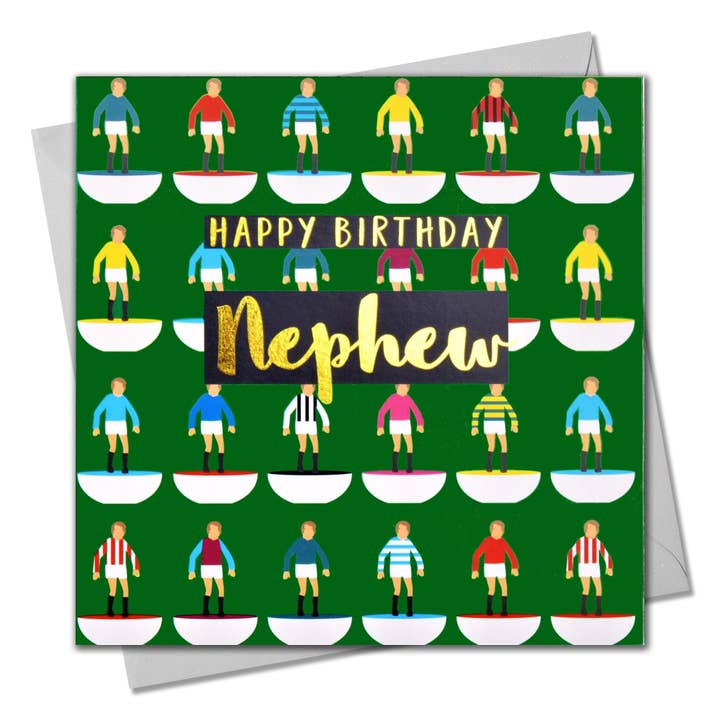 Birthday Card, Nephew Footballers, text foiled in shiny gold for wholesale by Claire Giles Ltd