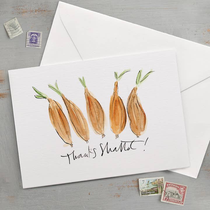 'Thanks Shallot!' Funny Veg Thank You Card for wholesale by Gabrielle Solly Illustration