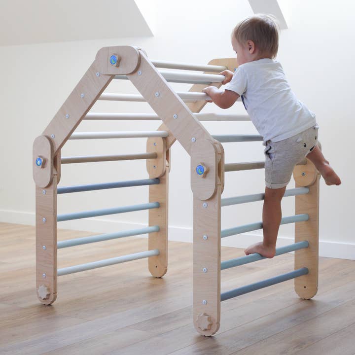 HappyMoon - Wholesale Wood Toy - Kids - Blue Transformable Climber, Modifiable Pikler Triangle