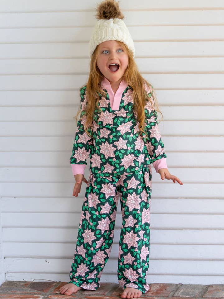 Pijamas de Navidad 2025 - Conjunto de descanso para niñas - Flor de Pascua para venta al por mayor de Sugar Bee Clothing