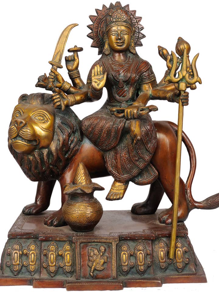 12" Deusa Durga com Hanuman ji em Latão | Feito à mão por atacado de Exotic India Art