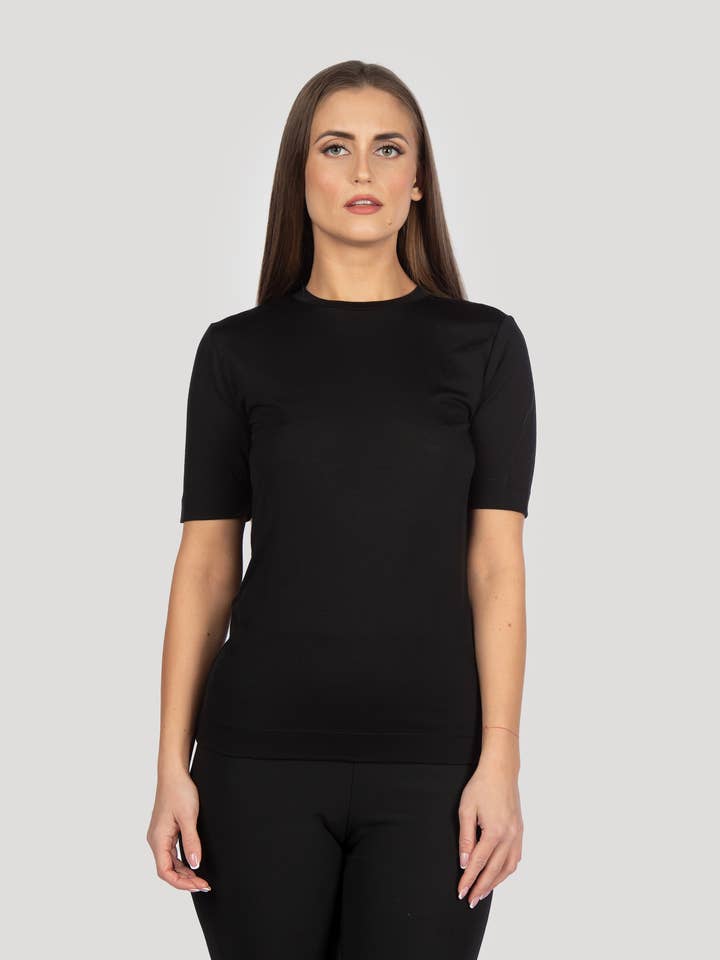 Nero Puro Maglia Girocollo Donna in Merino e Seta in vendita all'ingrosso su Faire0