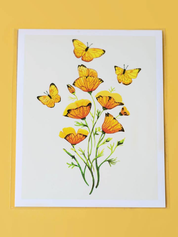 Mexican Golden Poppy & Sulphur Butterfly | Art Print for wholesale by Suzi Spooner Illustration
