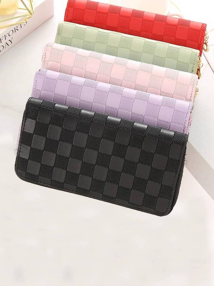 Checkered Monogram Vegan Leather Long Wallet for wholesale by Vanilla Monkey
