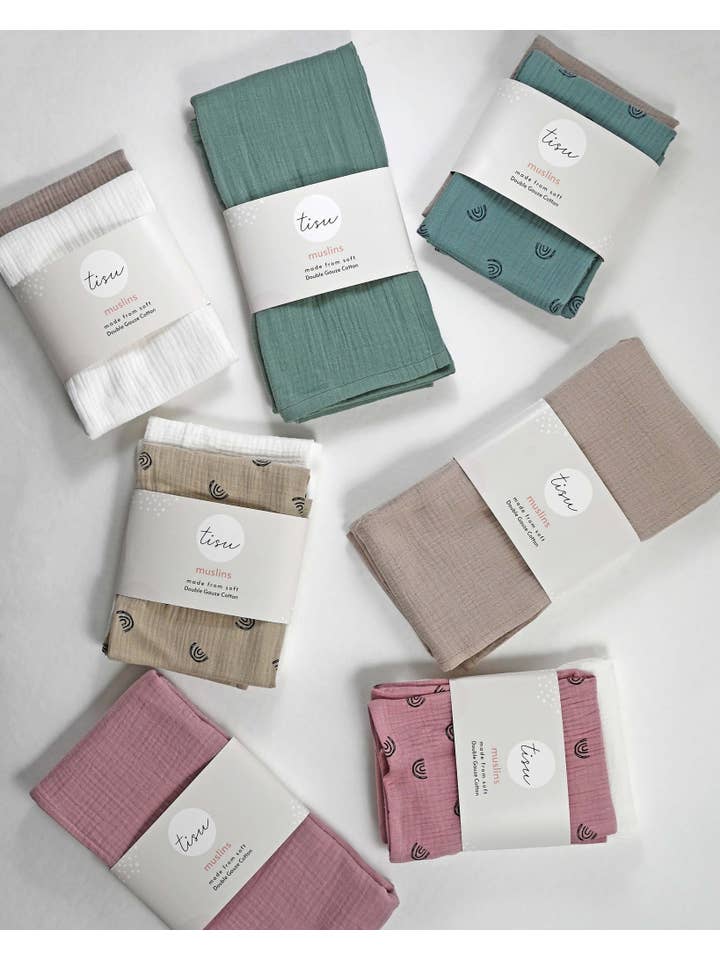 TISU - Wholesale Bedding Blanket - Kids & Baby - TISU muslin set, Dusty Green Rainbow + Sand