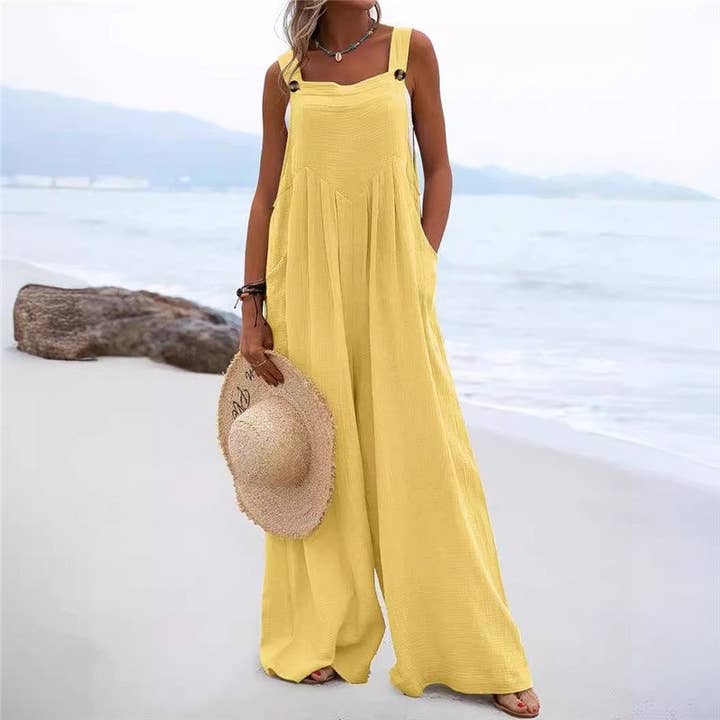 Stylish Solid Color Button-Up Wide-Leg Jumpsuit for wholesale by FurDecoration