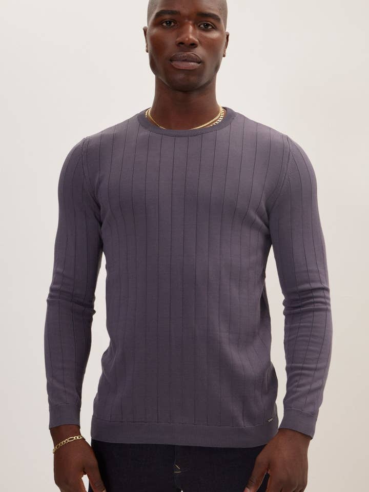 Slip-Stitch Trui met Ronde Hals en Lange Mouwen - Antraciet voor wholesale door Ron Tomson