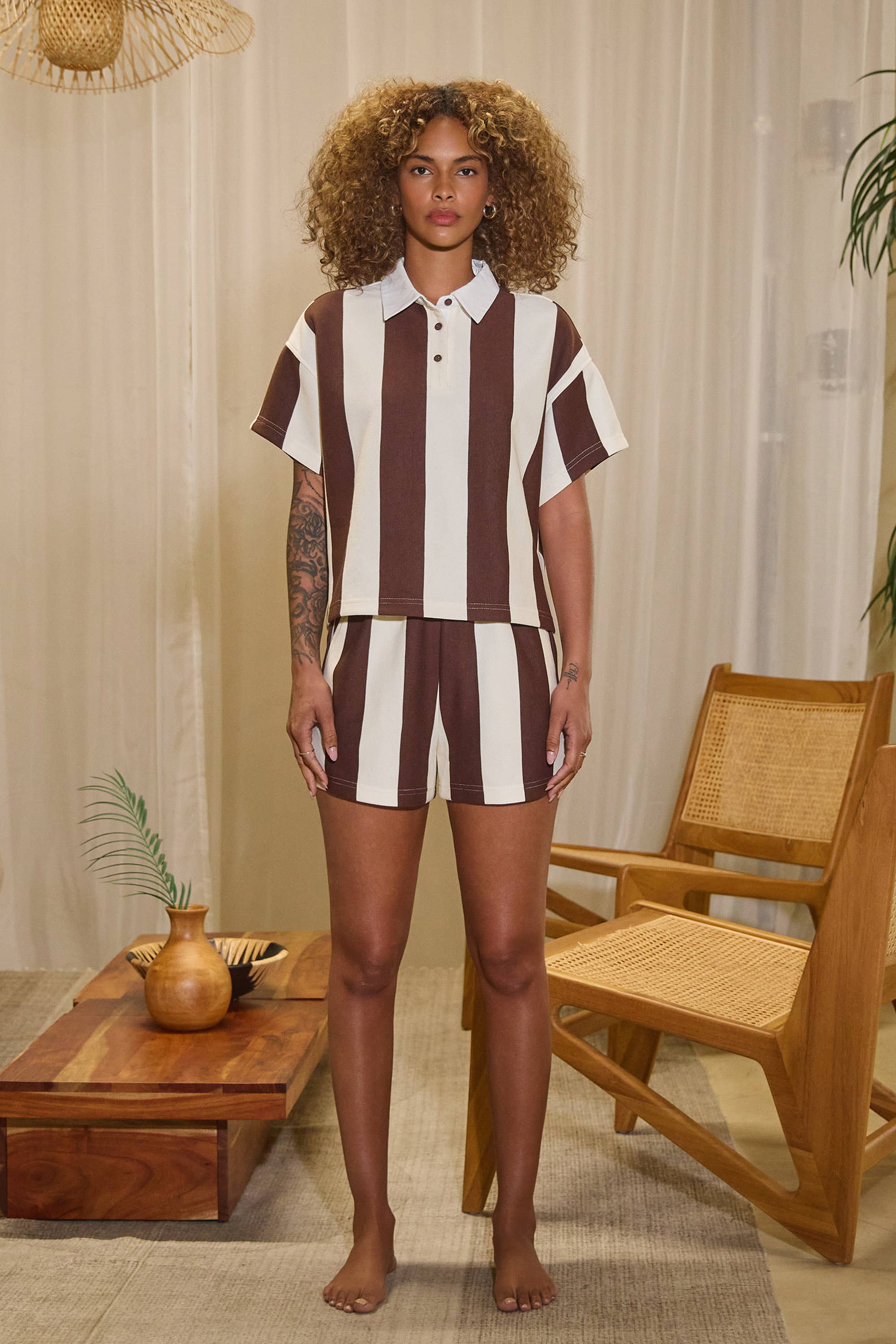 No Vacancy - Wholesale Lounge Set - Women's - Vertical striped short slv rugby top & shorts set0