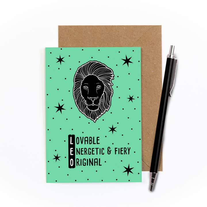 Leo Zodiac Greetings Card for wholesale by Amy Illustrates