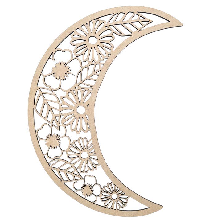 Krafty Supply - Wholesale Wall Accent - Floral Crescent Moon | Wooden Moon Cutout | Moon Decor