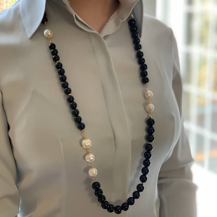 Black Onyx and Pearl Necklace for wholesale by ali & bird jewelry