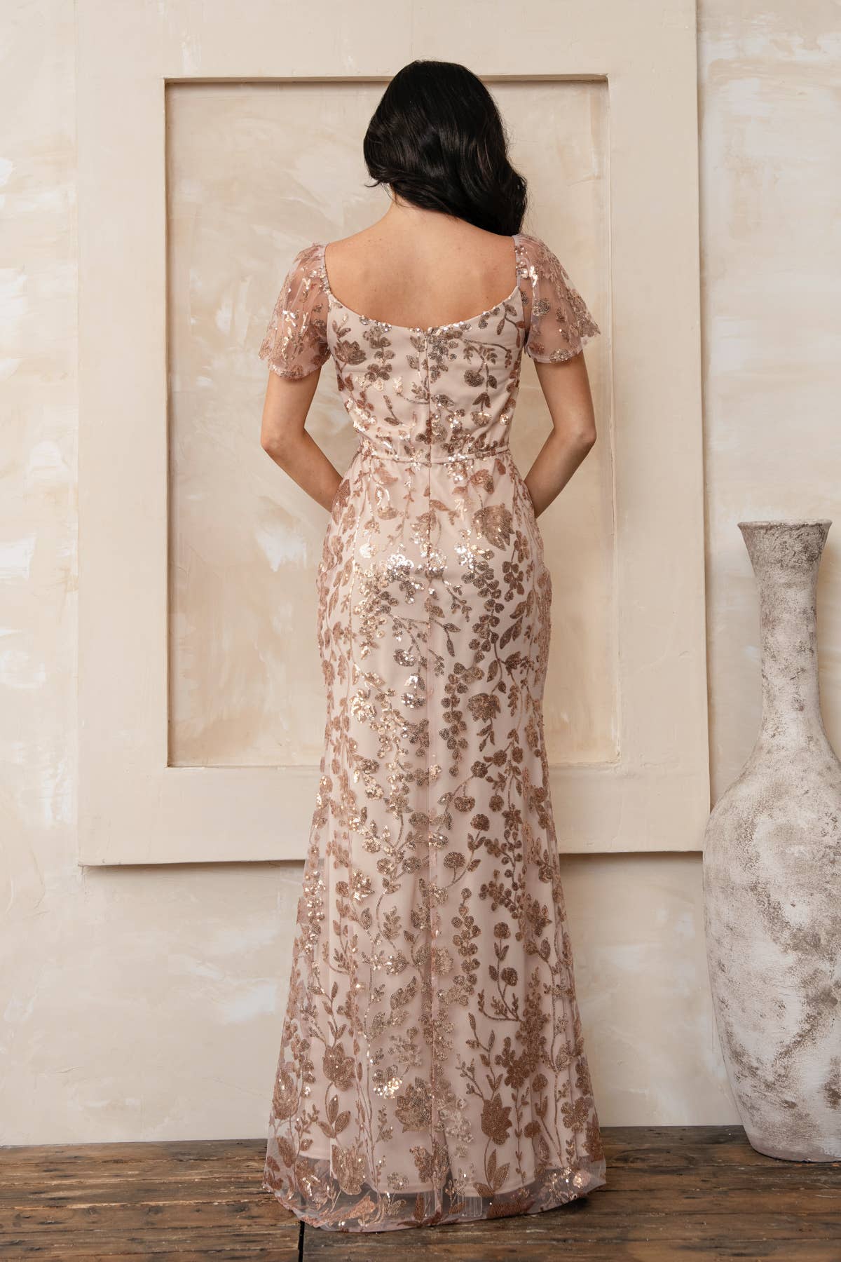 Rosemore Couture - Wholesale Gown - Women's - FLORAL SEQUINED MAXI DRESS WITH SLEEVES3