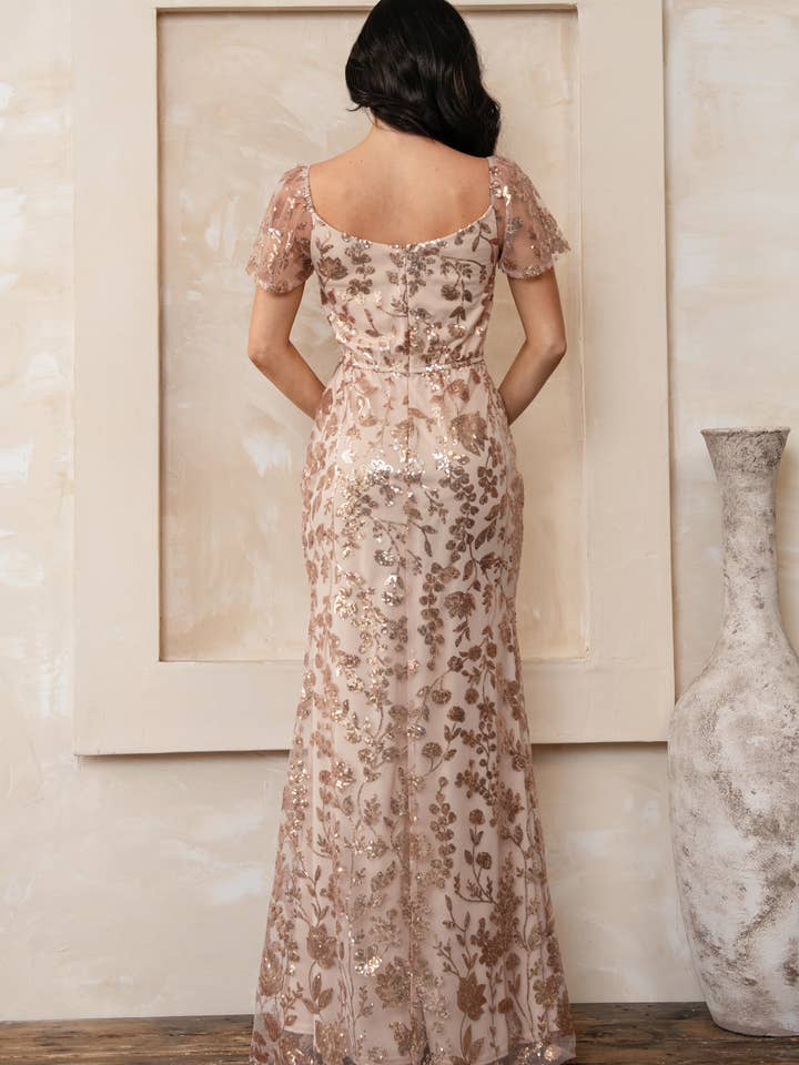 Rosemore Couture - Wholesale Gown - Women's - FLORAL SEQUINED MAXI DRESS WITH SLEEVES3