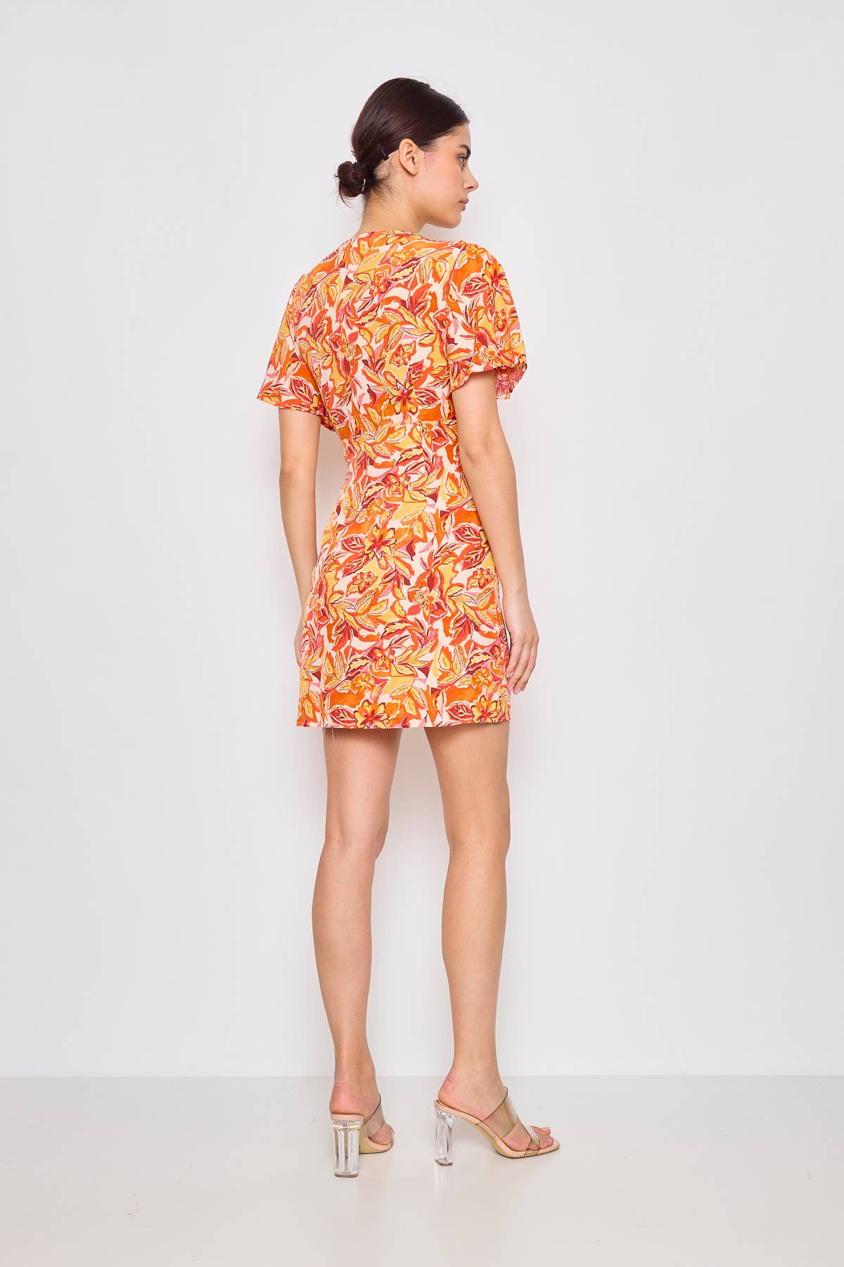 Orange Short wrap summer dress with floral print for wholesale on Faire3
