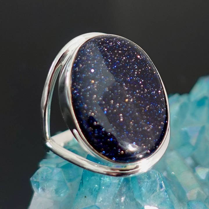 Large Oval Blue Goldstone Ring | 925 Silver | 20mm x 15mm for wholesale by Mistry Gems