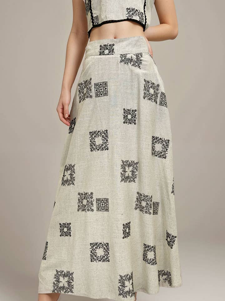 Jupe longue évasée taille haute brodée premium pour la vente par 1 Fashion