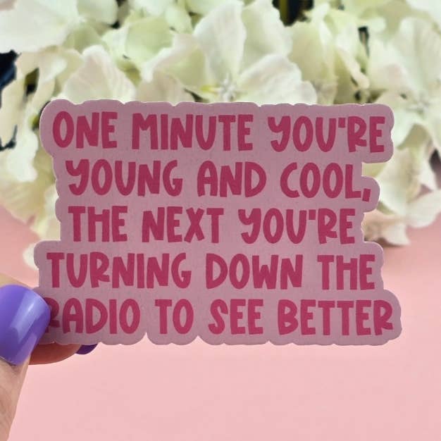 Vandtæt klistermærke - Et øjeblik er du ung og cool - Sarkastisk klistermærke - Sjovt klistermærke - Frækt for engroshandel hos The Grumpy Tortoise