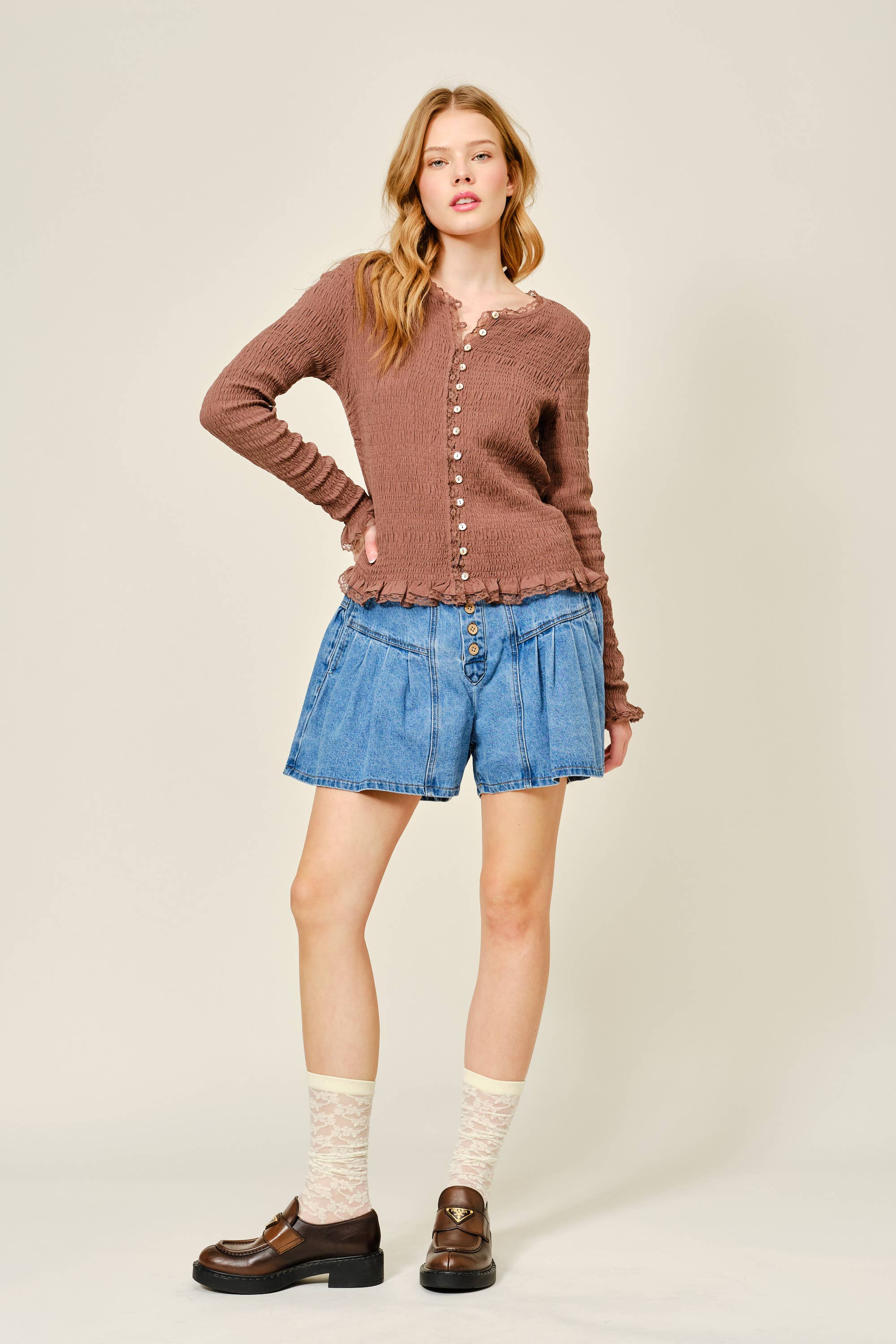 Aaron & Amber - Wholesale Knit Top - Women's - AJT5485 FULL SMOCKED BUTTON DOWN TOP WITH LACE EDGE10