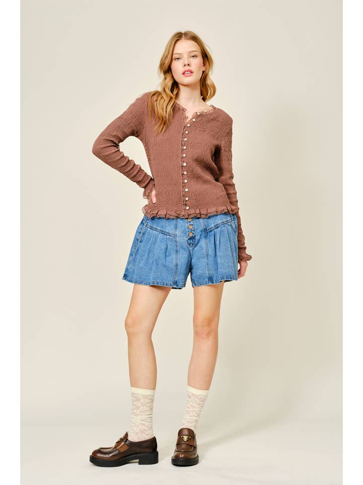 Aaron & Amber - Wholesale Knit Top - Women's - AJT5485 FULL SMOCKED BUTTON DOWN TOP WITH LACE EDGE10