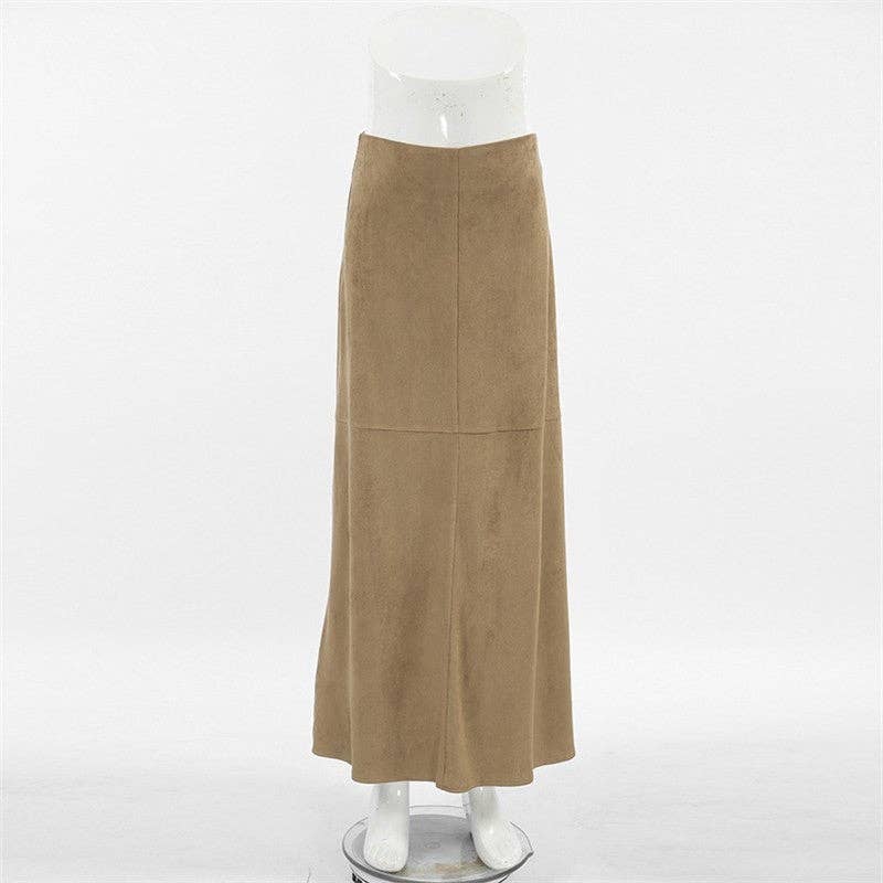 KHAKI Solid High Waist Straight Suede Midi Skirt for wholesale on Faire4