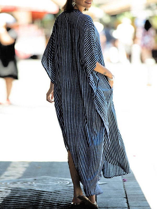 Sheer Trend - Wholesale Dress - Women's - Batwing Sleeves Half Sleeves Buttoned Pockets Striped Round-Neck Beach Cover-Up Maxi Dresses10