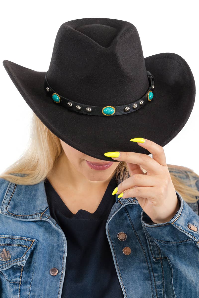 Cap Zone - Vente Chapeau de cowboy – femme - Chapeau cowboy en feutre avec ceinture cloutée turquoise6