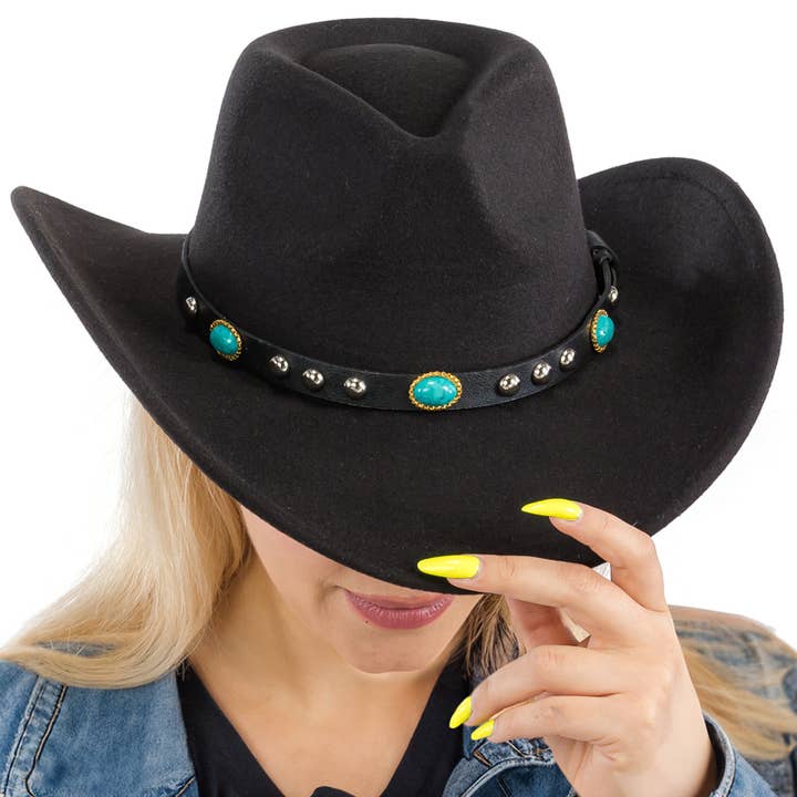 Cap Zone - Vente Chapeau de cowboy – femme - Chapeau cowboy en feutre avec ceinture cloutée turquoise6