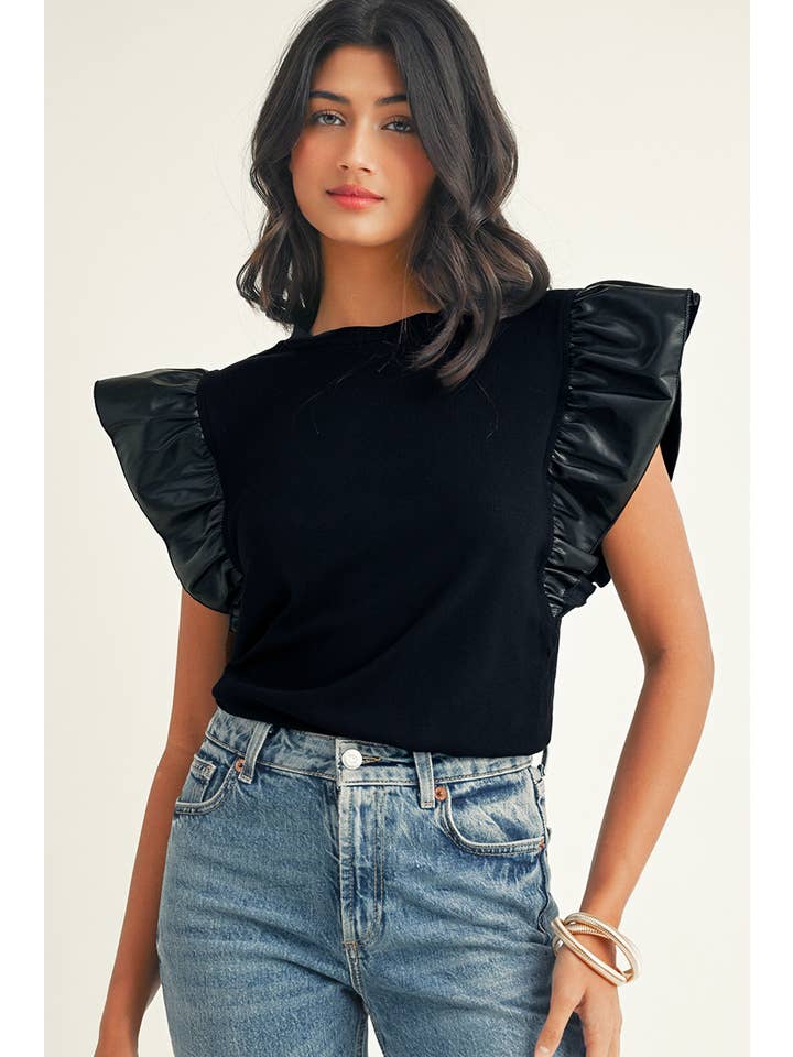 Little Daisy Closet - Wholesale Blouse - Women's - LDC Leather Ruffle Shoulder Plain Blouse
