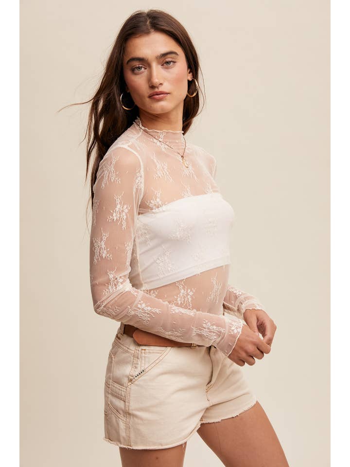 Listicle - Wholesale Blouse - Women's - Sheer Lace Long-Sleeve Top44
