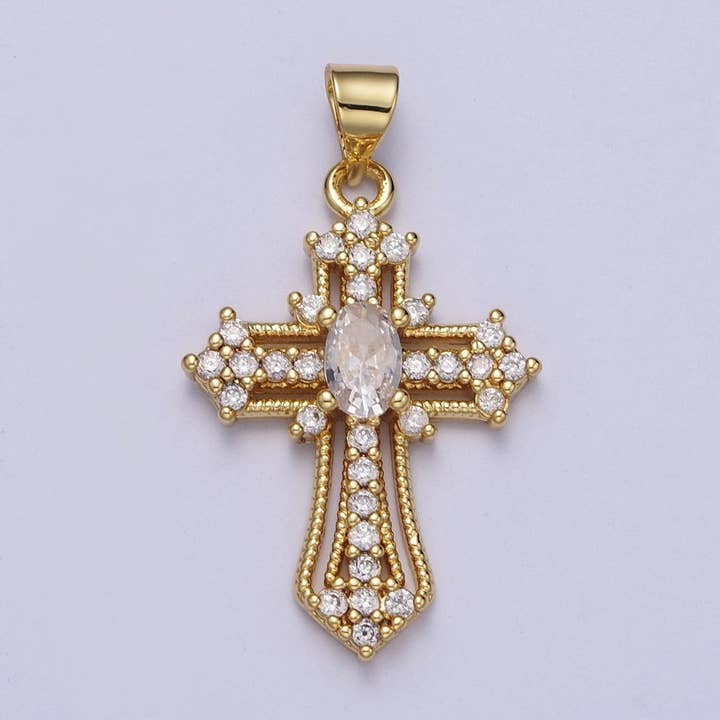 24K Gold Filled Clear, Multicolor Micro Paved Oval CZ Passion Cross Religious Pendant | X-504 X-505 for wholesale by Aim Eternal