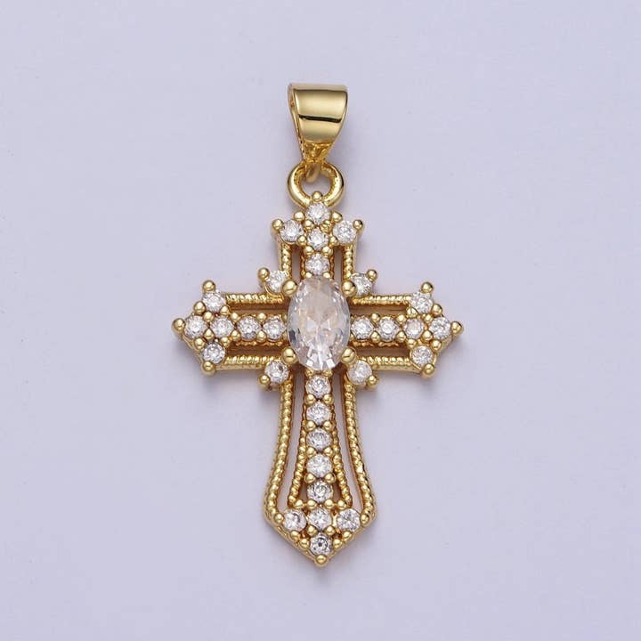 24K Gold Filled Clear, Multicolor Micro Paved Oval CZ Passion Cross Religious Pendant | X-504 X-505 for wholesale by Aim Eternal